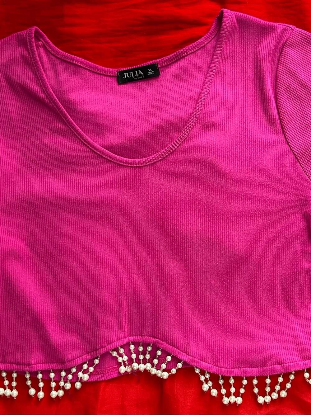 Julia Fuchsia Scoop Neck Crop Sweater with Pearl Fringe